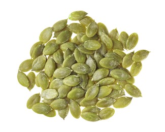 Photo of Pile of peeled pumpkin seeds isolated on white, top view