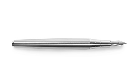 Stylish silver fountain pen isolated on white, top view