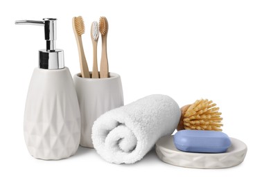 Bath accessories. Set of different personal care products isolated on white