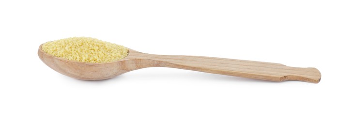 Photo of Wooden spoon of raw couscous isolated on white