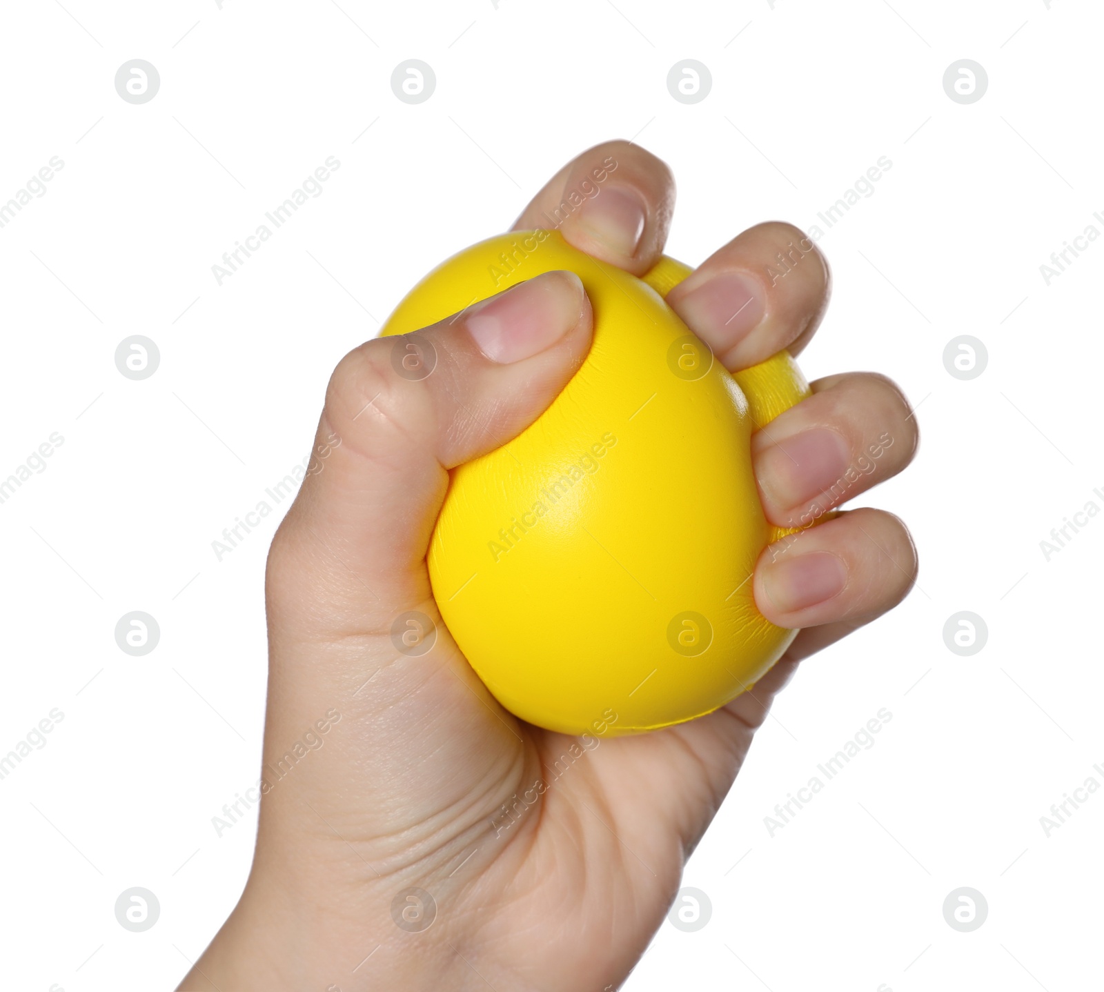 Photo of Woman squeezing antistress ball on white background, closeup