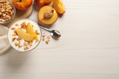 Photo of Flat lay composition with tasty peach yogurt on white wooden table. Space for text