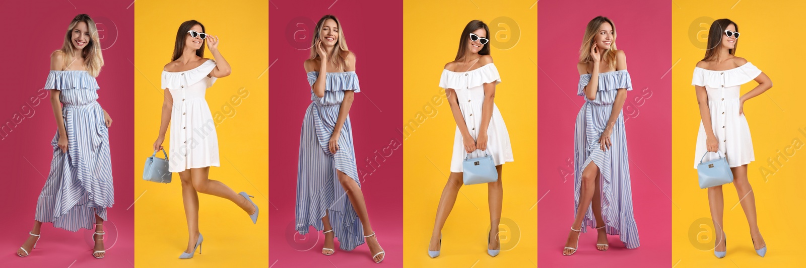 Image of Collage with photos of young women wearing different dresses on bright backgrounds