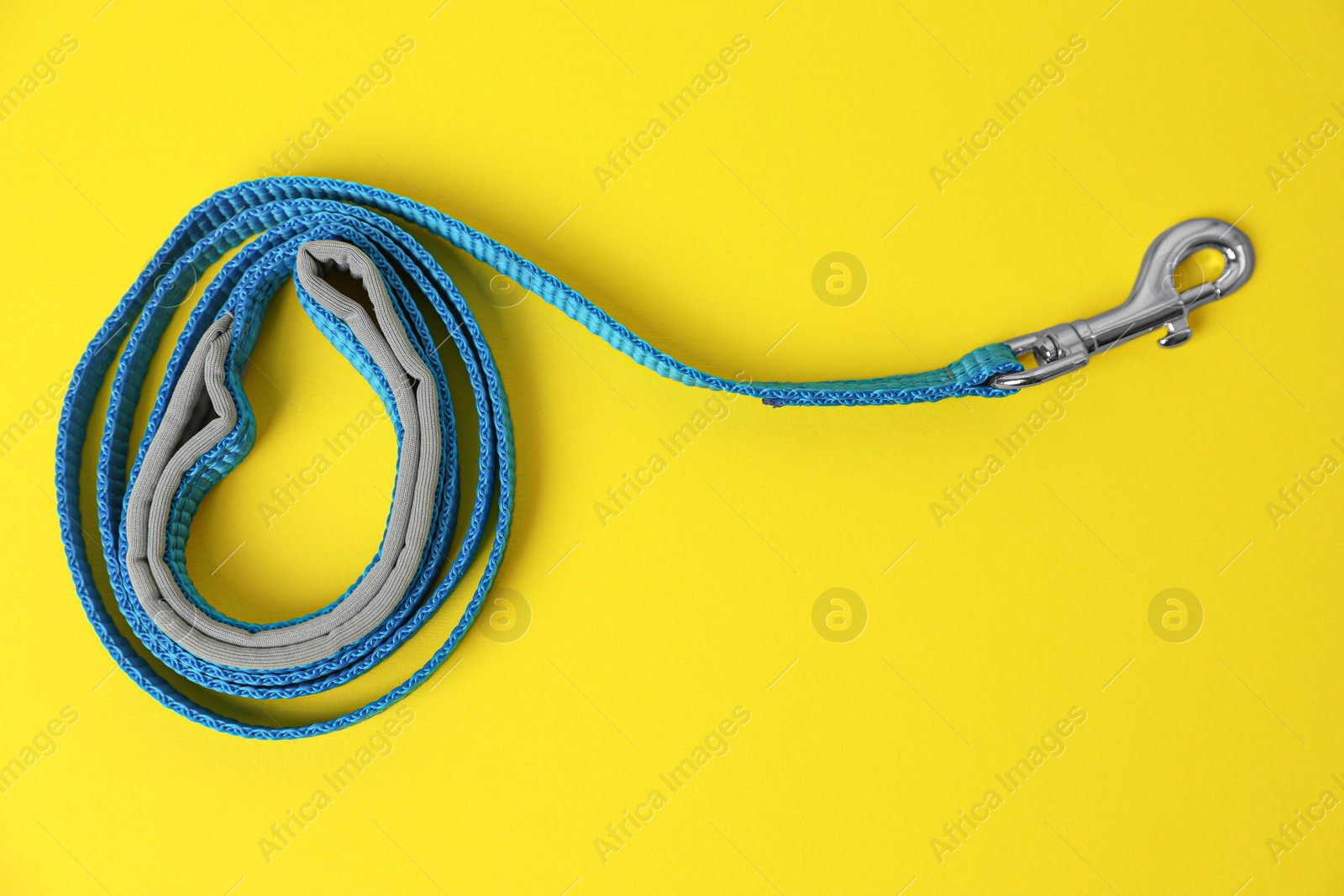 Photo of Blue dog leash on yellow background, top view