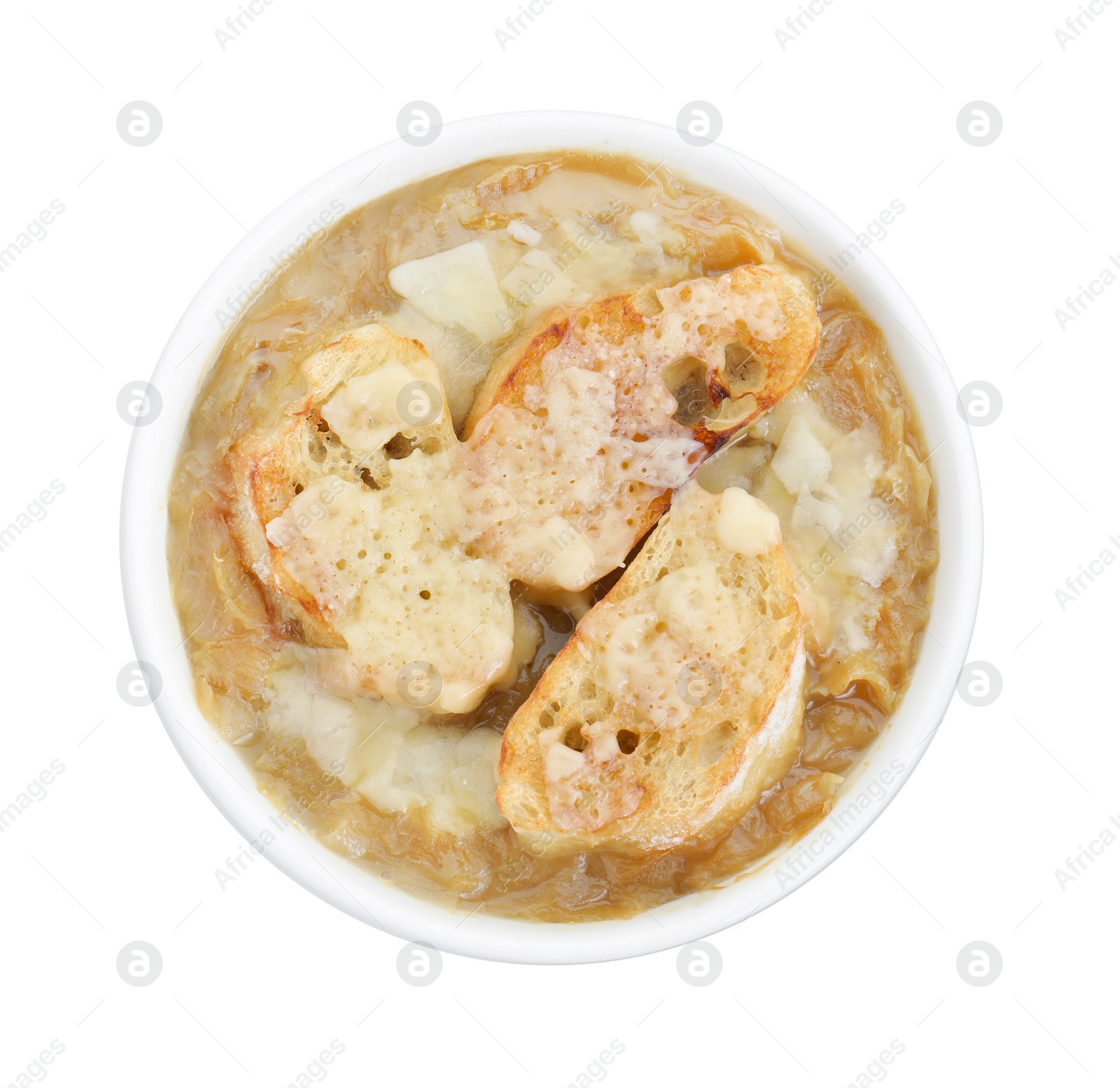 Photo of Delicious onion soup with croutons in bowl isolated on white, top view