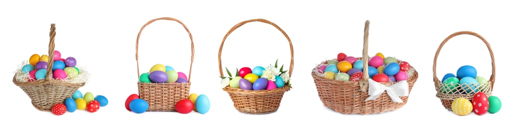 Image of Set of wicker baskets with bright Easter eggs on white background, banner design