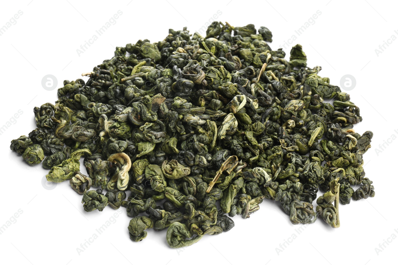 Photo of Pile of dried green tea leaves on white background