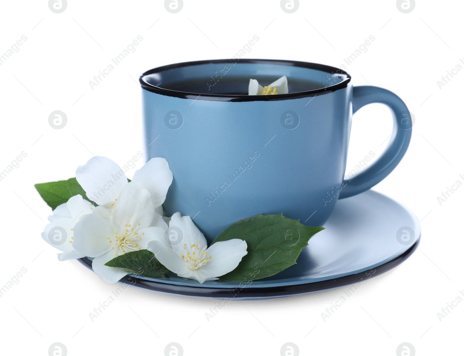 Photo of Cup of tea and fresh jasmine flowers isolated on white