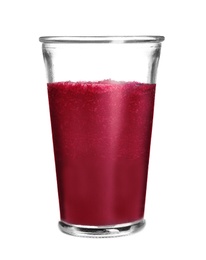 Glass of beet smoothie on white background