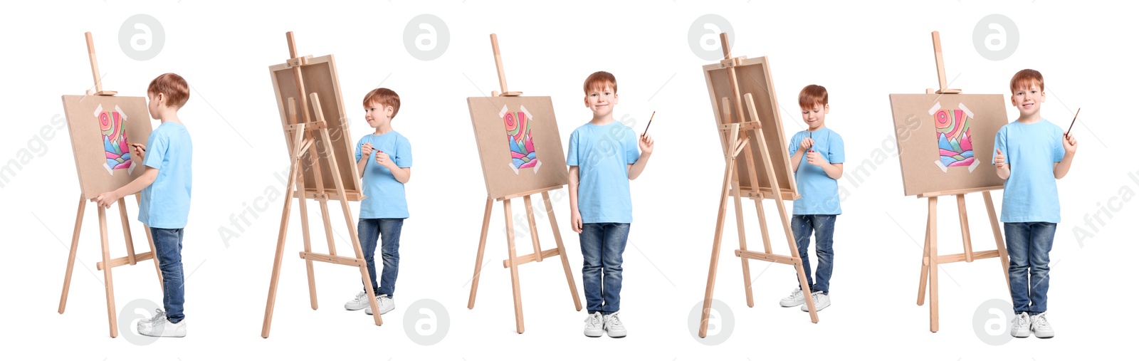 Image of Collage with photos of boy near easel on white background