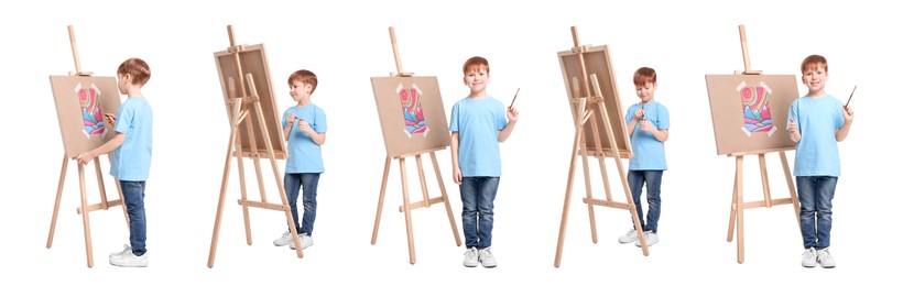 Collage with photos of boy near easel on white background