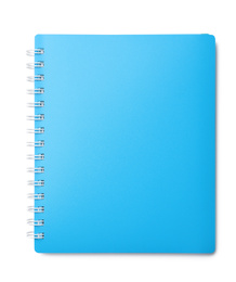 Stylish light blue notebook isolated on white, top view