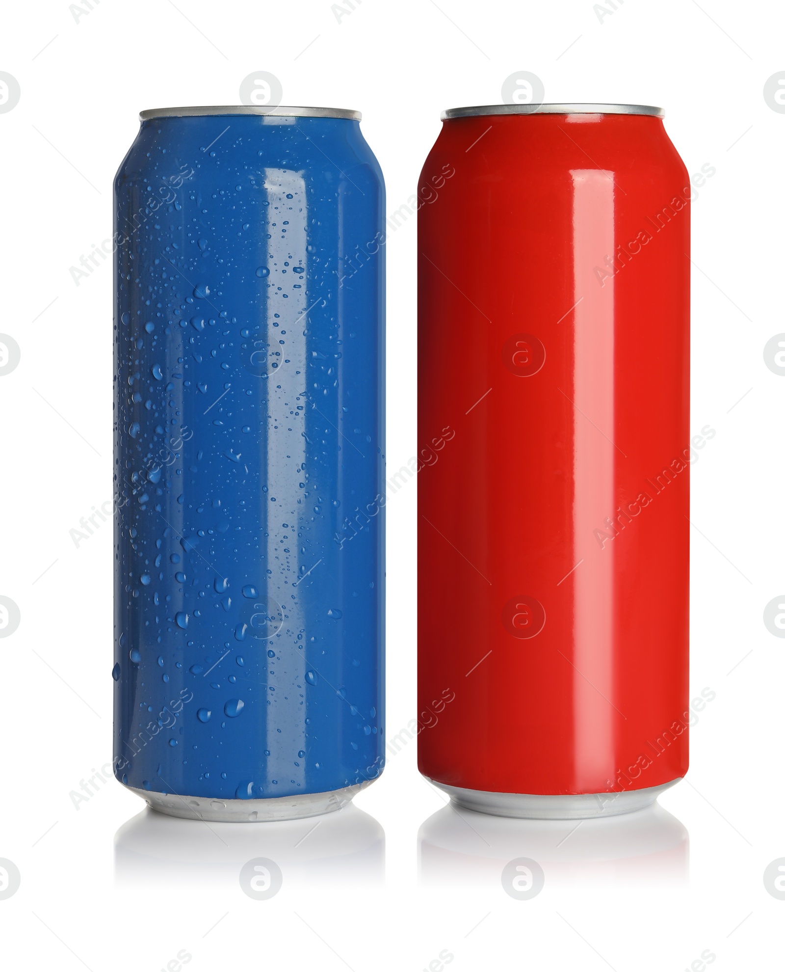 Photo of Aluminum cans with drinks on white background