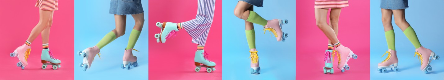 Image of Photos of women with retro roller skates on different color backgrounds, closeup. Collage banner design