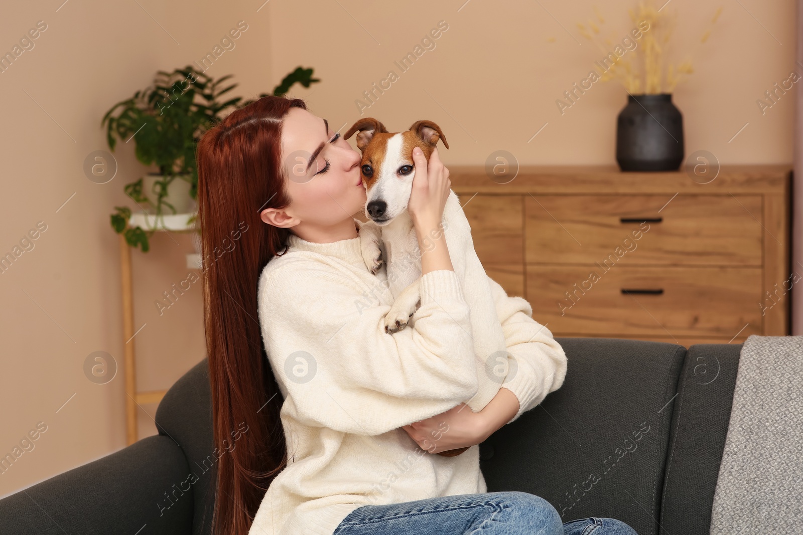 Photo of Woman kissing cute Jack Russell Terrier dog on sofa at home