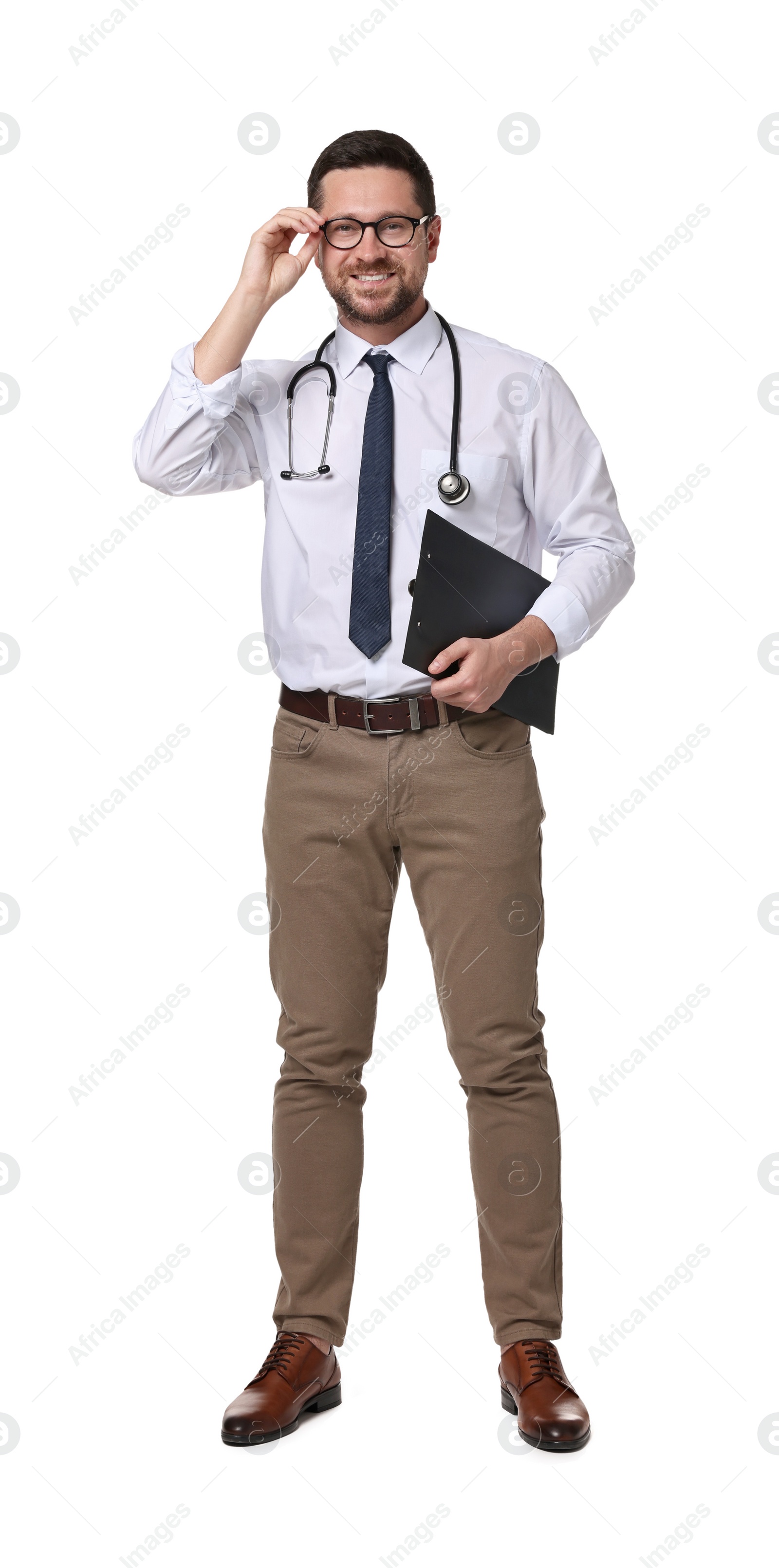 Photo of Portrait of happy doctor with stethoscope and clipboard on white background