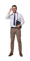 Portrait of happy doctor with stethoscope and clipboard on white background