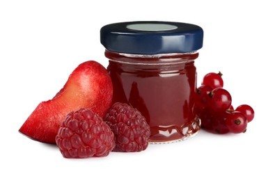 Photo of Jar of sweet jam and fresh ingredients on white background