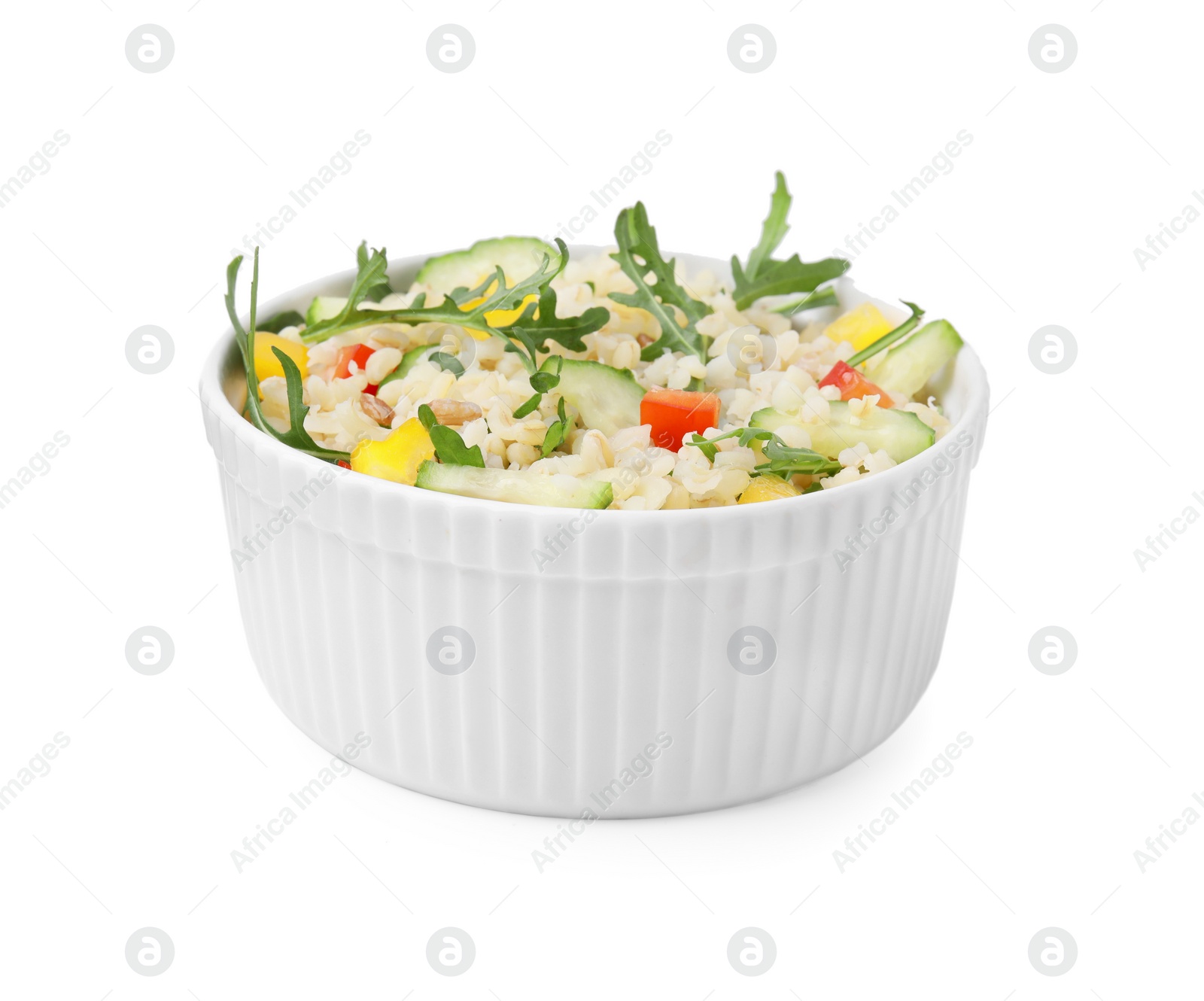 Photo of Cooked bulgur with vegetables and arugula in bowl isolated on white