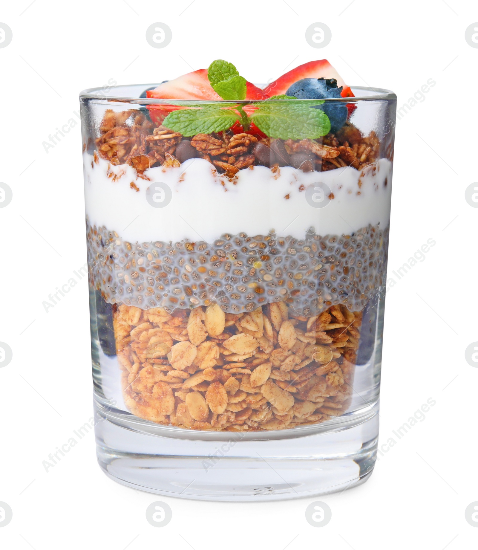 Photo of Tasty granola with berries, yogurt and chia seeds in glass isolated on white