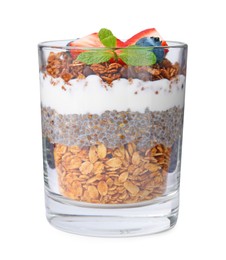 Photo of Tasty granola with berries, yogurt and chia seeds in glass isolated on white