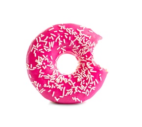 Delicious bitten doughnut with sprinkles on white background