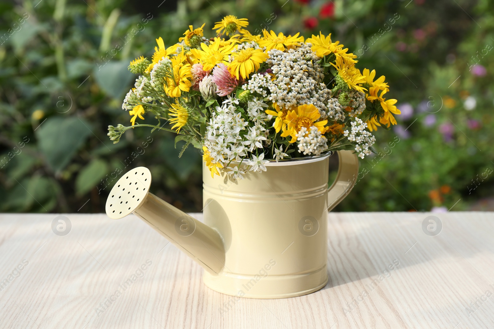 Photo of Beautiful bouquet of bright wildflowers in watering can on white wooden table outdoors