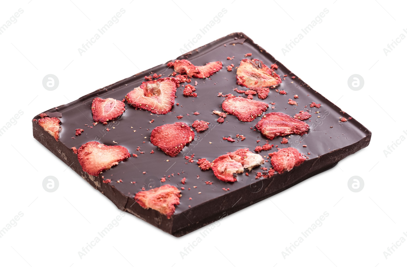 Photo of Half of chocolate bar with freeze dried strawberries isolated on white