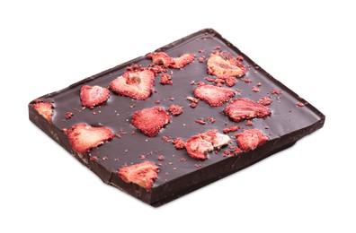 Photo of Half of chocolate bar with freeze dried strawberries isolated on white
