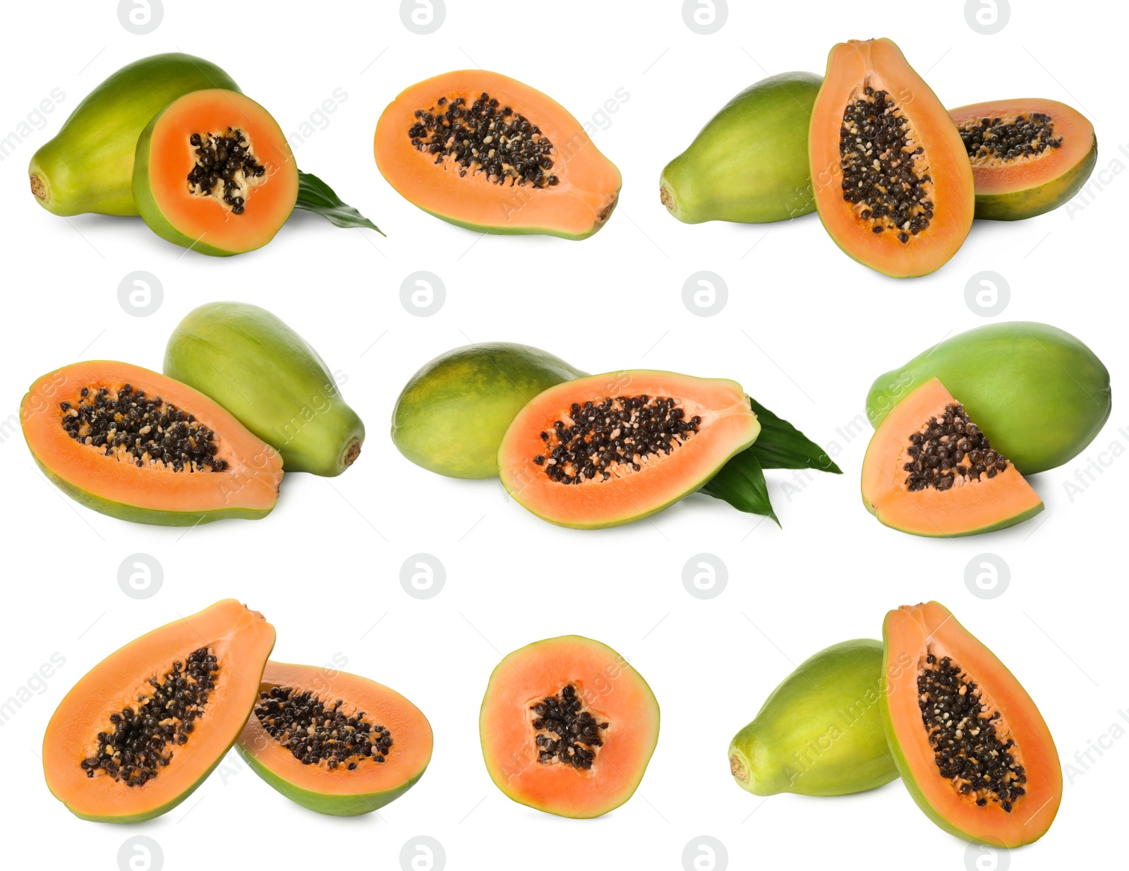 Image of Set with fresh ripe papaya fruits on white background