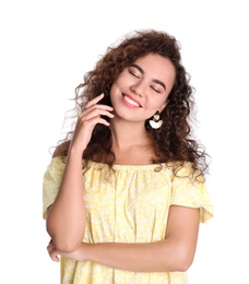 Photo of Portrait of beautiful laughing African-American woman on white background