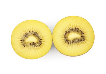 Photo of Cut ripe yellow kiwi on white background, top view