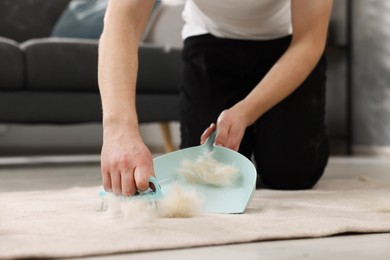 Man with brush and pan removing pet hair from carpet at home, closeup