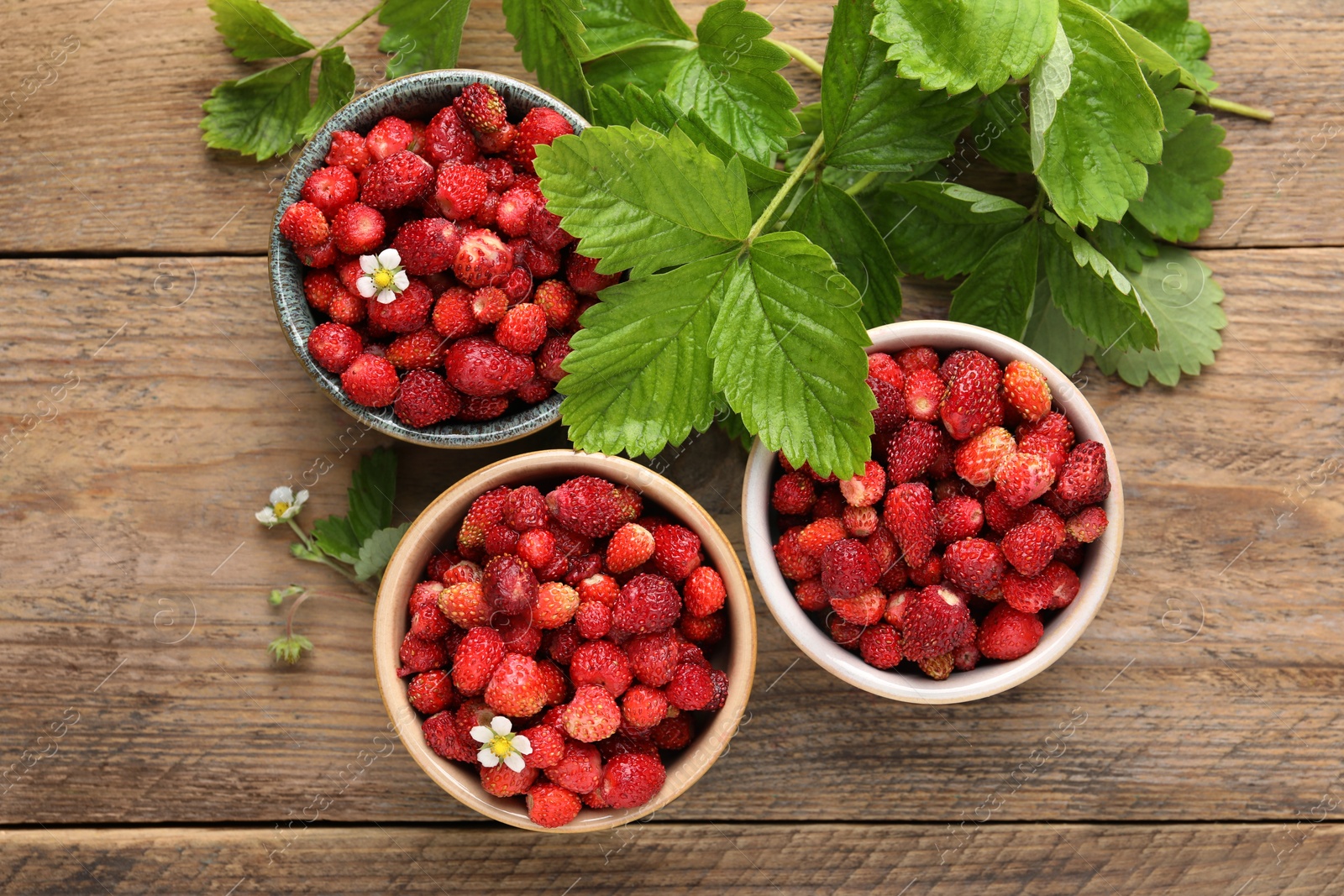 Photo of Fresh wild strawberries in bowls and leaves on wooden table, flat lay