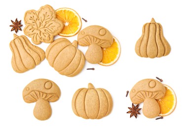 Image of Set with different tasty cookies and spices on white background, top view