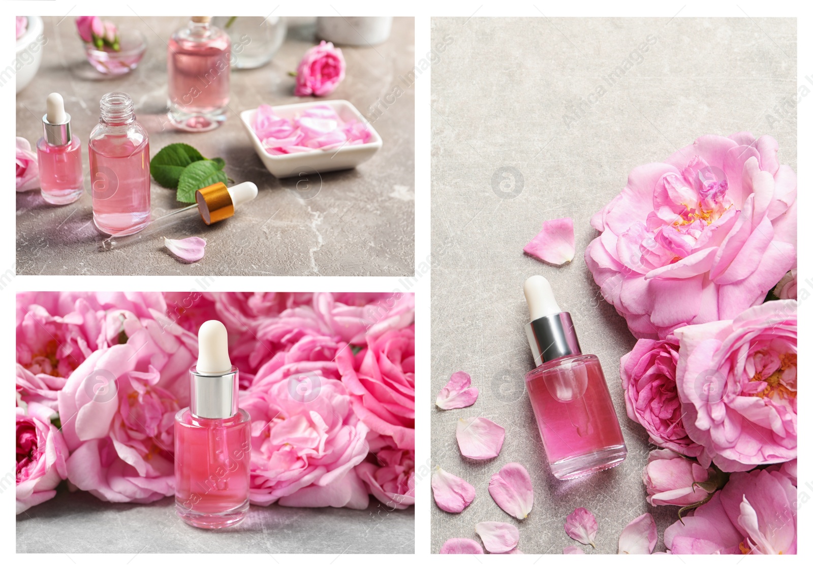 Image of Collage of different photos with essential oils and flowers