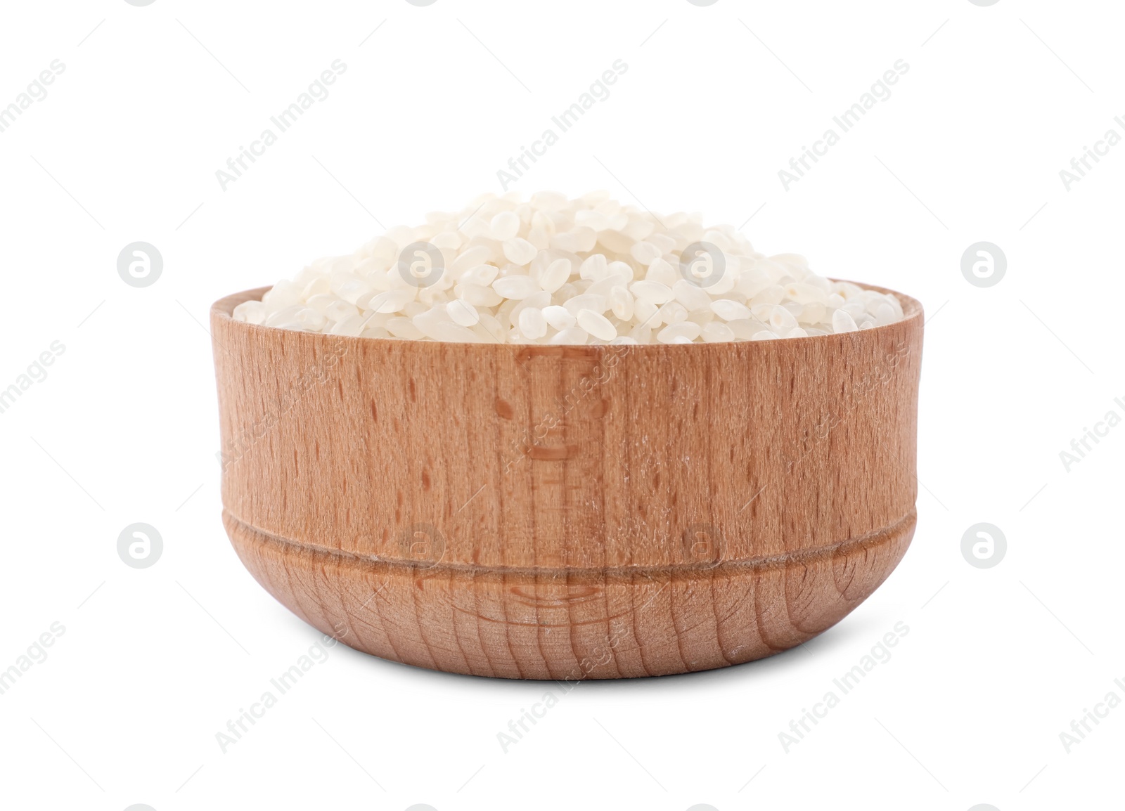 Photo of Bowl with raw rice isolated on white