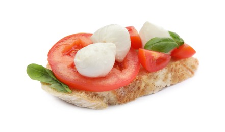 Photo of Delicious sandwich with mozzarella, fresh tomatoes and basil isolated on white