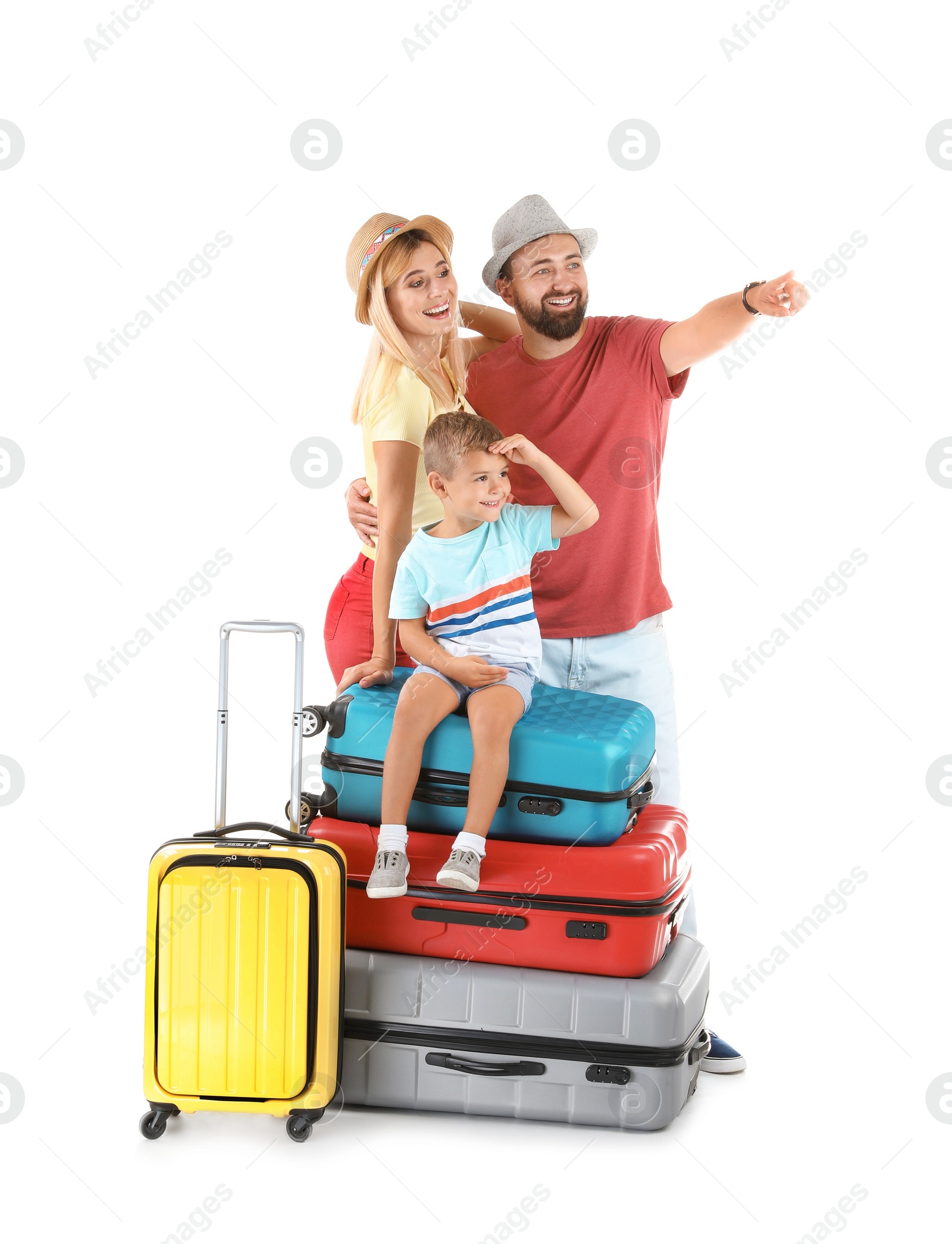 Photo of Family with suitcases on white background. Vacation travel