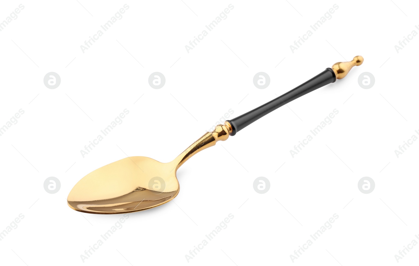 Photo of Elegant shiny golden spoon isolated on white