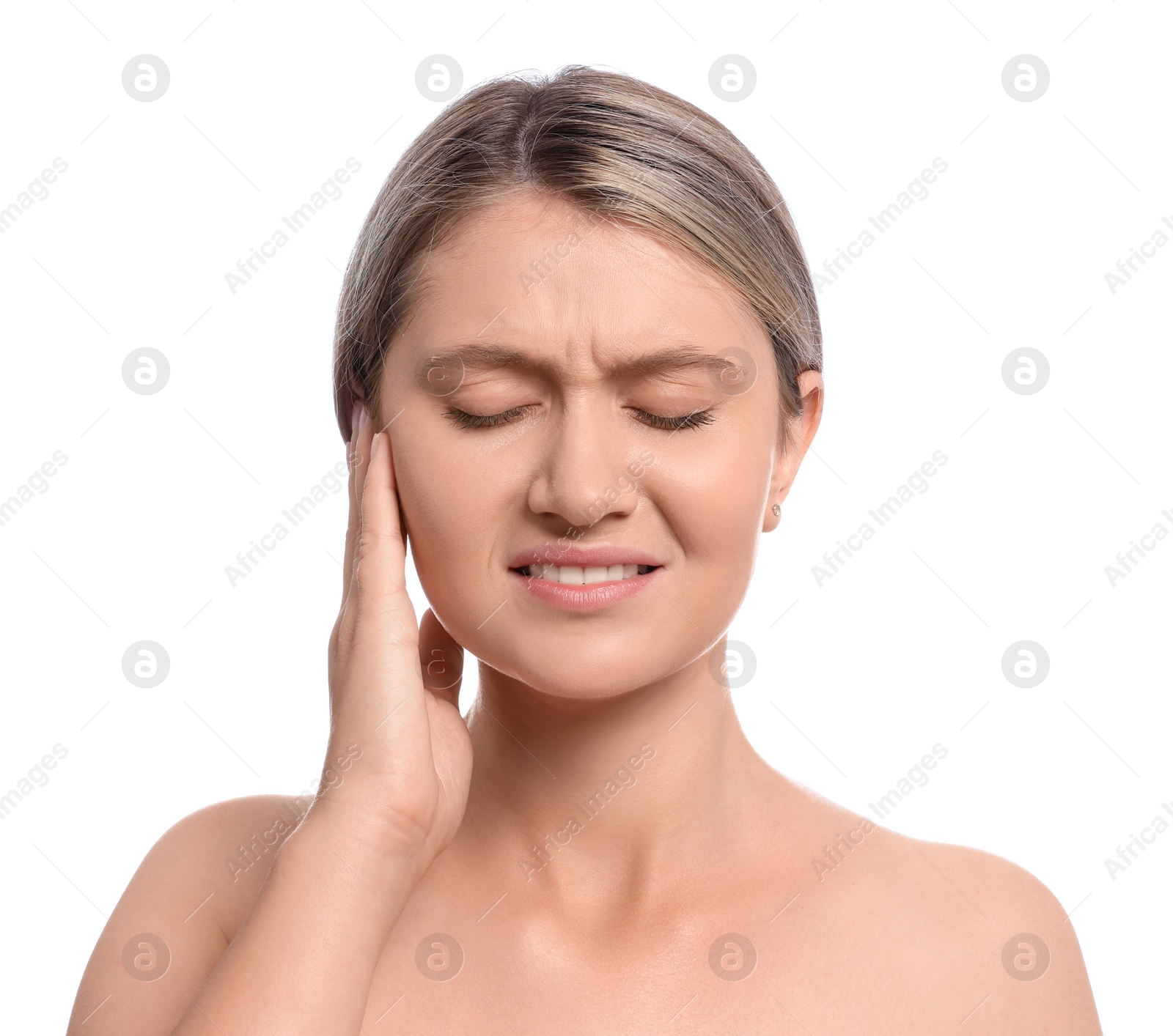 Photo of Young woman suffering from ear pain on white background