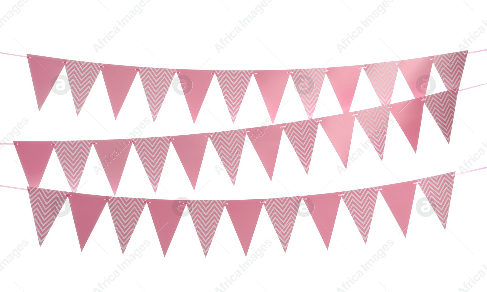 Photo of Buntings with triangular paper flags on white background. Festive decor