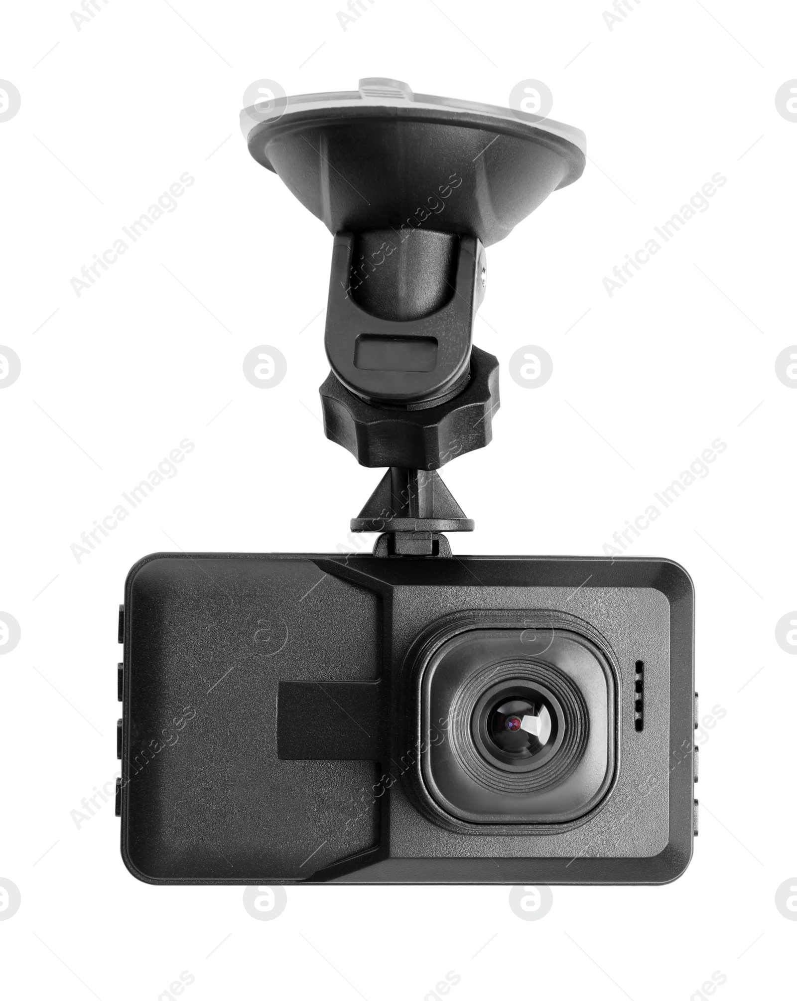 Photo of Modern car dashboard camera with suction mount isolated on white