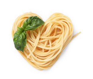 Photo of Heart made of tasty pasta and basil isolated on white