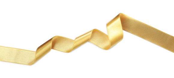 Photo of Beautiful golden ribbon isolated on white, top view