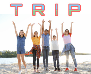 Image of Group of children outdoors on sunny day. Summer trip