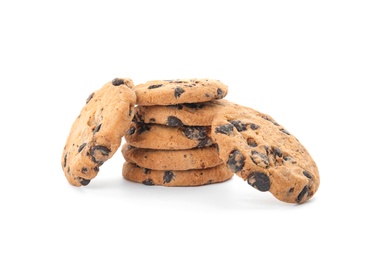 Photo of Stack of tasty chocolate chip cookies on white background
