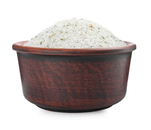 Photo of Natural herb salt in bowl isolated on white