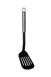Photo of One black spatula with metal handle isolated on white