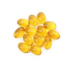 Photo of Vitamin capsules isolated on white, top view. Health supplement